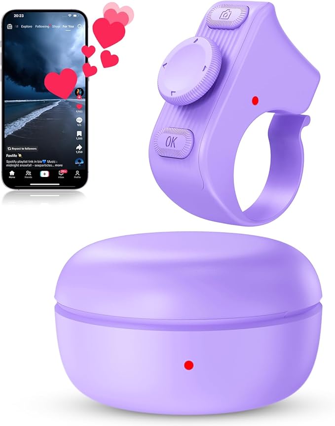 [New Upgrade, Easy to Use] TikTok Scrolling Ring Remote Control, Camera Shutter Remote, Wireless Bluetooth Scrolling Ring for iPhone, iPad, iOS, Android - Light Purple by duskeep