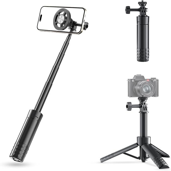 25 Inch Magnetic Selfie Stick Tripod, 5-in-1 Compact Phone and Camera Stand with 1/4-Inch Adapter, Lightweight Travel Grip for iPhone, Osmo Pocket 3, Action Cameras and Vlogging by LenTok