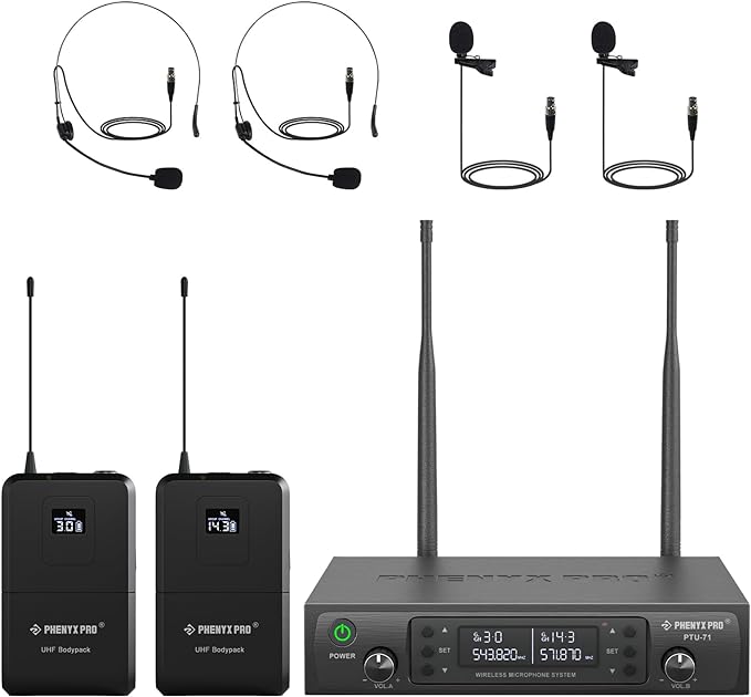 Phenyx Pro Dual UHF Auto Scan Headset/Lapel Wireless Microphones PTU-71-2B | 2 Bodypacks, 2 x 100 Frequencies, Hands-Free Speaking, Live Vocals, Worship Services, DJ Sets by PhenyxPro