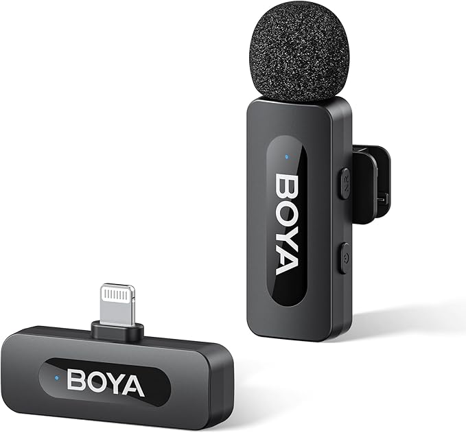BOYA BY-V1 Wireless Microphones for iPhone iPad with MFi Certified Lightning Port, 328ft Range, 9H Battery Life, Noise Reduction Mini Mic Clip on Lapel Microphone Wireless for Video Recroding by BOYA