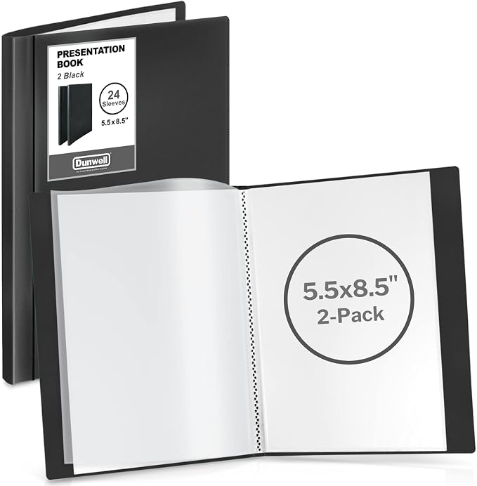 Dunwell Presentation Book 24-Pocket 5.5x8.5, Plastic Sleeves, 2-Pack, Black | Acid-Free Poly, Displays 48 Pages, Tear-Resistant Sleeves, Ideal for Documents & Artwork by Dunwell