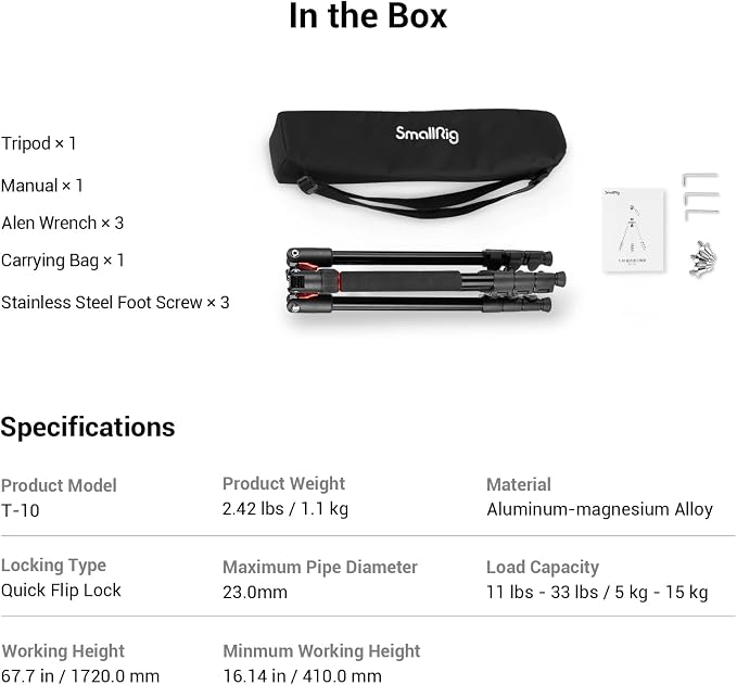 SmallRig T-10 68" Foldable Aluminum Camera Tripod/Monopod | Max. Payload 33lb, Height Adjustable from 19.7" to 67.7", Works With Cameras and Phones. - Image 8