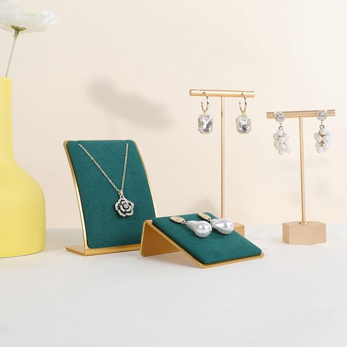 Gold earring stands and displays for show, Green velvet earring holders, Jewelry display stands for selling【Green】 - Image 7