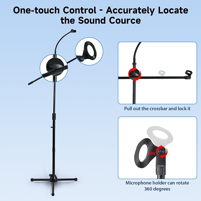 Microphone Floor Stand, Mic Stand Floor with Phone Holder Height Adjustable, Heavy-duty Tripod Stable Stand with Boom Arm Dual Device Mount for Streaming, Podcasting, Recording, and Live Performances - Image 3