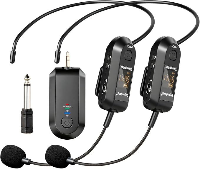 Depusheng 2.4G Wireless Microphone Headset,Lavalier and Handheld Mic 160ft Range,with 1/8''&1/4'' Plug for PA System,Voice Amplifier (Two Headset Microphone) by Depusheng
