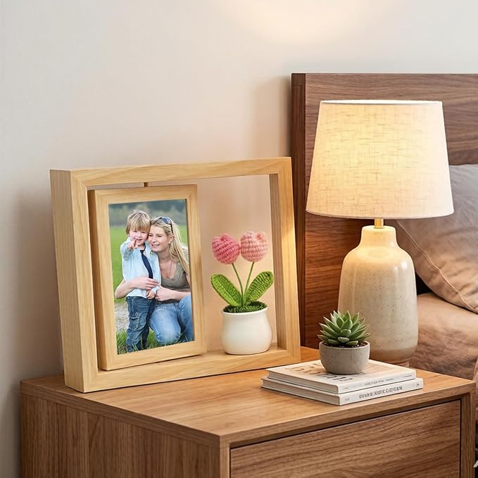 4x6 Rotating Picture Frame Desktop with Crochet Pink Tulip, 4x6 Double-Sided Display Vertical Photo- 2026 Graduation Gift for Girls Her Teacher Tulip Flower Gifts for Mom Women Office Desk Cute Decor - Image 2