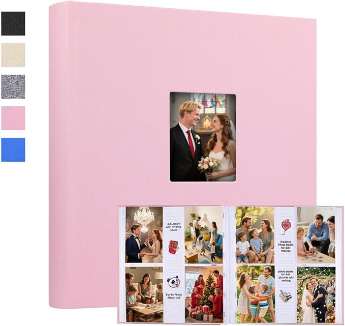 Photo Album 4x6 Vertical 600 Photos with Writing Space, Pink | Linen Cover, Acid-Free Pages, Clear PP Pockets, Memo Writing Space, Front Display Window, Family, Wedding & Travel Memories by Xfveiwoo