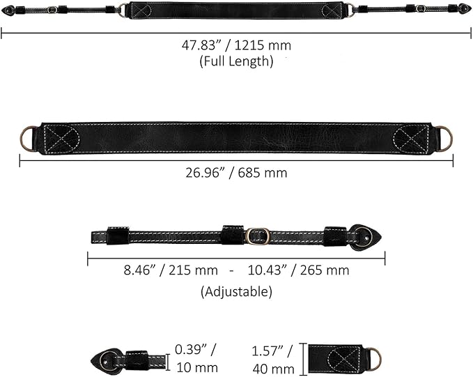 MegaGear Sierra Genuine Full-Grain Leather Camera Strap — Vintage Shoulder & Neck Strap for Canon, Sony, Fuji, Leica, Nikon, Olympus DSLR & Mirrorless — 39-47 in Adjustable, Hand-Stitched, Black - Image 4