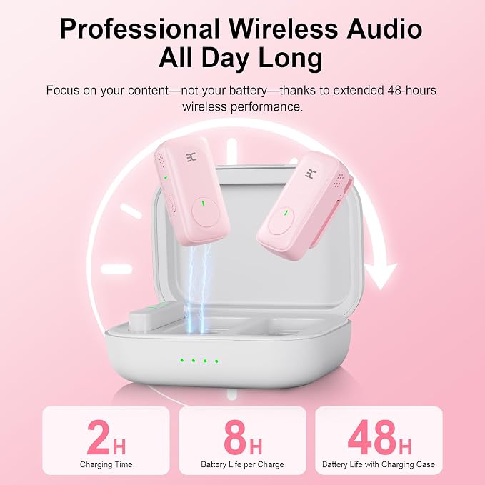 EX Wireless Lavalier Microphone System, Dual Clip-On Mics + Charging Case, 164ft Range Plug-and-Play for iPhone/Android, Advanced Noise Reduction, 48H Runtime-Video Recording, TikTok, YouTube, Pink - Image 3