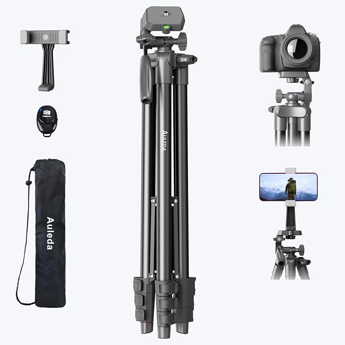 71″ Camera Tripod Aluminum Tall Tripod Stand for Canon Nikon Phone | with Wireless Remote Phone Holder and Travel Bag Max Load 6.6 LB by AuledaPhotography