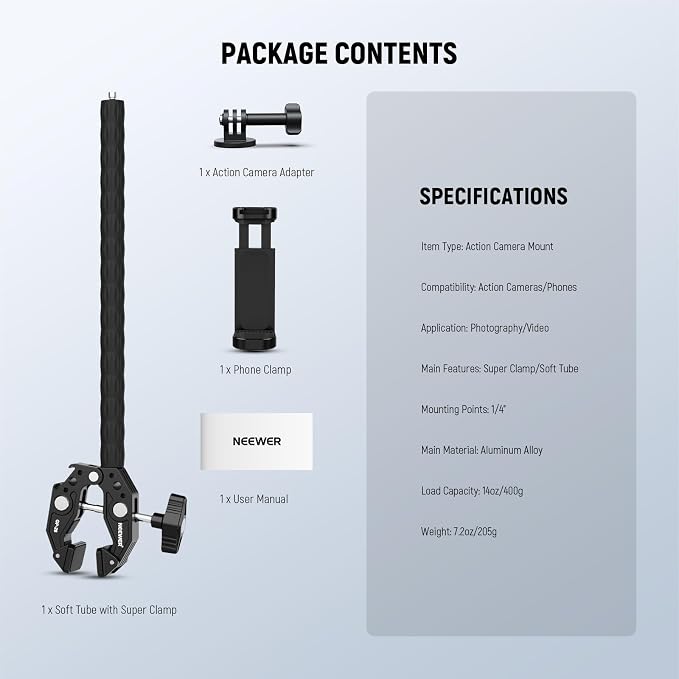 NEEWER Action Camera Mount Kit with Super Clamp, Soft Tube, Action Camera Adapter, Adjustable Holder for Flat/Round Surfaces, Compatible with GoPro Insta360 DJI Smartphone GP-26 - Image 7