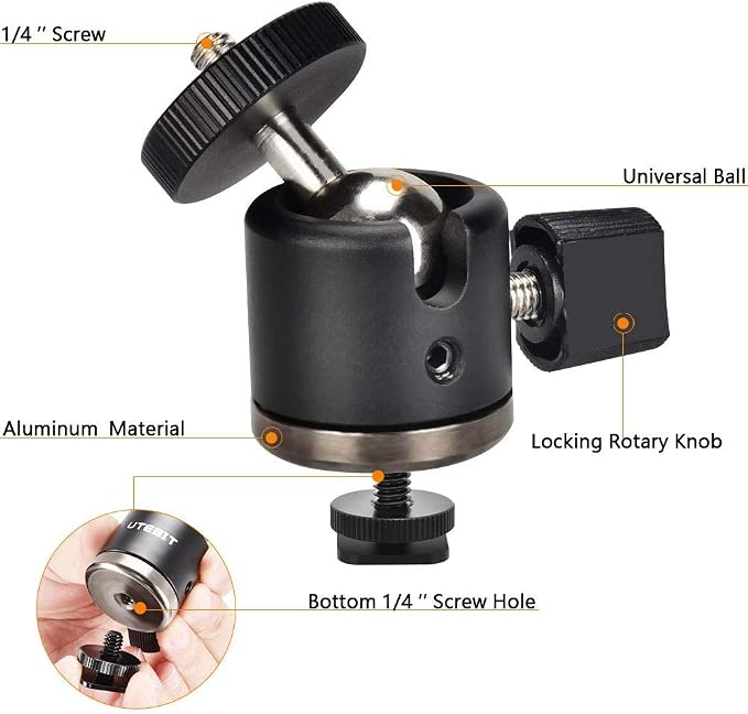UTEBIT 20mm Mini Ball Head Tripod Head Mount with 1/4" hot Shoe, Black | 360° Rotatable Camera Mount Adapte Aluminium Ball Heads Compatible with Tripods, Monopods, HTC Vive, SLR Cameras Load 2.5lb - Image 3