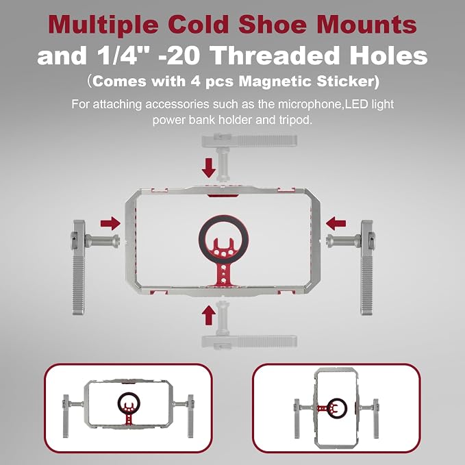 Magnetic Phone Cage with Handle,Smartphone Cage Kit with 360° Rotation Handgrip and Magnetic Sticker for Photography,Compatible with iPhone 17/16/15/14/13 Series and Andriod Phones (Silver+Red) - Image 3