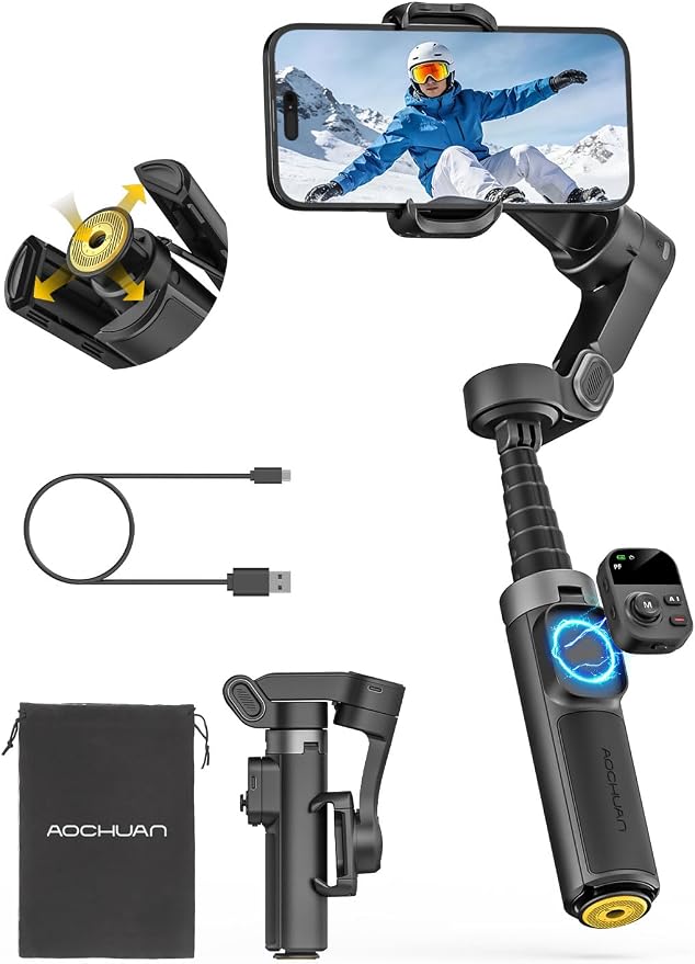 AOCHUAN Smart X3 360° Pan Rotation Gimbal Stabilizer for iPhone w/Remote | 20" Extension Rod & One-Touch Open Tripod, Phone Gimbal w/Magnetic Remote for Vlogging, Travel, Face/Object Tracking in APP by AOCHUAN
