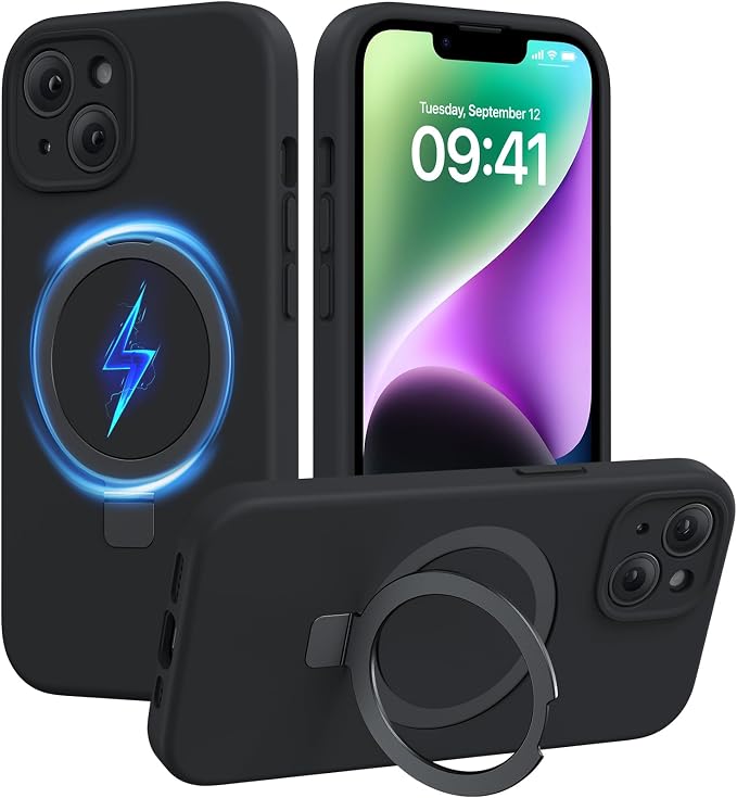Miracase Silicone & Magnetic for iPhone 14 Case with Stand, Midnight Black | Compatible with MagSafe, Soft Microfiber Lining, Premium Silicone Cover Shockproof Drop Protection Phone Case for 14 by Miracase