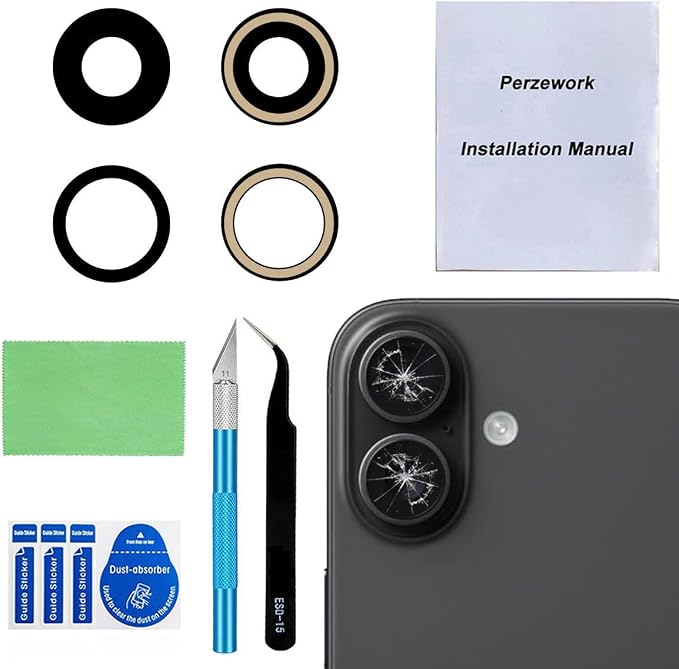 Back Rear Camera Lens Glass Replacement Compatible with iPhone 16 and iPhone 16 Plus with pre-Installed Adhesive and Reparing Toolkit by Perzework