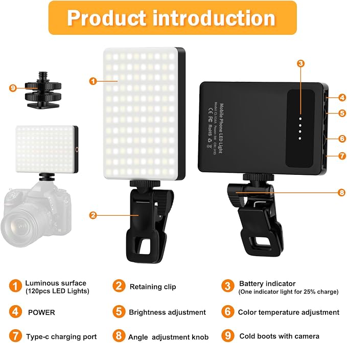 120 LED Selfie Light for iPhone, Portable Phone Light with Clip & Camera Tripod Adapter - 5000mAh Rechargeable, 3 Lighting Modes, CRI 97+ for Video Recording, TikTok, Tripod Mount Rings - Image 4