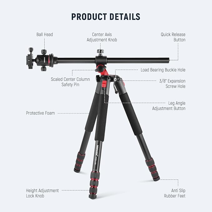 NEEWER 72 inch Camera Tripod Monopod with Center Column and Ball Head Aluminum, Arca Type QR Plate, Bag, Horizontal Tripod Overhead Camera Mount for DSLR Camera, Video Camcorder, Max Load: 33lb | Aluminum, Arca Type QR Plate, Bag, Horizontal Tripod, Ov... - Image 9