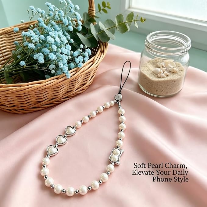 Phone Charm Beaded Strap Cute Cell Phone Wrist Straps String Accessories Hand Aesthetic Lanyard Wristlet Chain for iPhone 17 Pro Camera Case AirPods Bags Keychains Women Girls Classic Pearl - Image 6