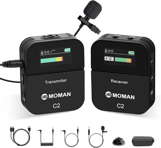 Moman C2 Wireless Lavalier Microphone, 2.4GHz Wireless Lapel Microphone System with Transmitter & 1 Receiver for DSLR Camera Phone Laptop Tablet Camcorder Vlogging Streaming Video(C2 Solo) by Moman