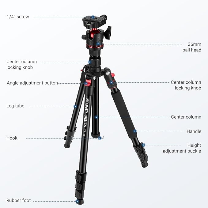 NEEWER Basics 72" / 182 cm Travel Tripod Monopod for Camera, Compact Lightweight Portable Video Recording Stand, Arca Type Ball Head, Cell Phone Holder Compatible with iPhone, Max Load 13.2 lb, TP14B - Image 7