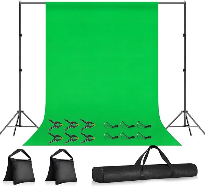 10x7ft Photo Backdrop Stand Kit with 6x9ft Green Backdrop Screen | Portable Photography Frame, Adjustable Support kit with 6 Clamps, Carry Bag for Photo, Video Recording, Streaming, Decoration by Qoolfoto