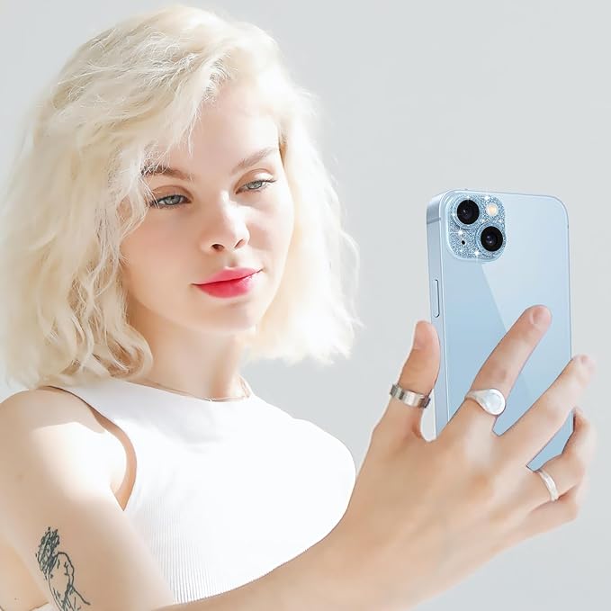Compatible with iPhone 15 & iPhone 15 Plus Camera Lens Protector, Bling 3D Rhinestone Diamond 9H Tempered Glass Camera Cover Anti Scratch Shockproof Lens Screen Full Protective Cover - Blue - Image 7