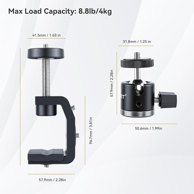 UTEBIT 40mm C-Clamp Camera Mount with Mini Ball Head, Black | 1/4 Thread Hole Metal Clamp with 360° Swivel Ballhead Camera Mount 1/4 Hot Shoe Adapter for Camera Desk Bicycle Woodworking - Image 6