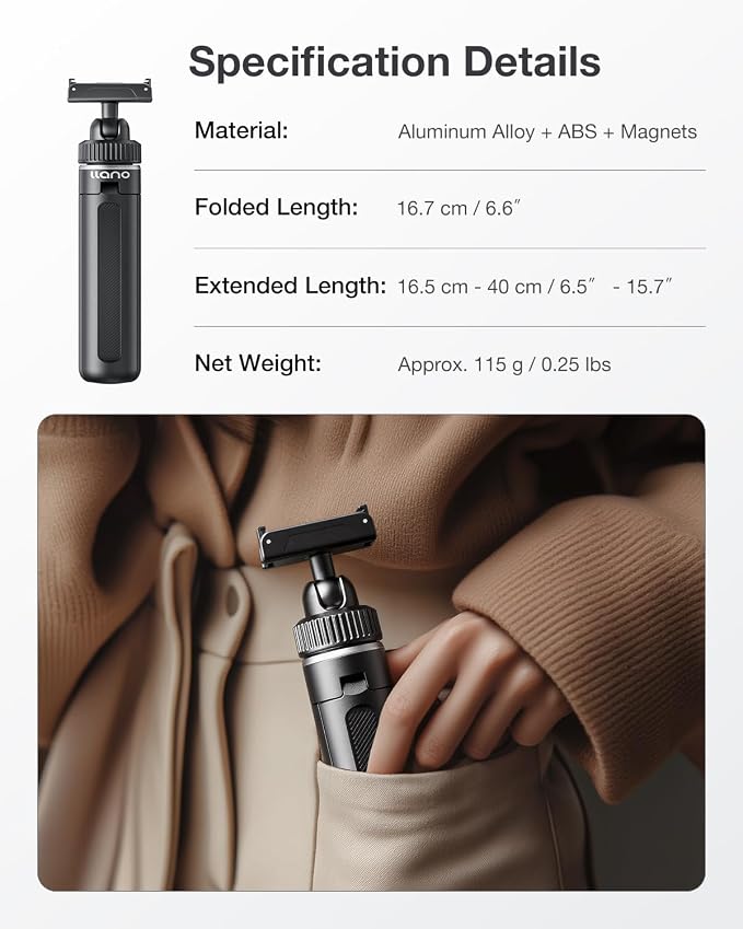llano 16" Magnetic Action Camera Tripod for DJI Osmo Action 5 pro/4/3, Osmo 360, Extendable Mini Tripod with Magsafe Quick Release Adapter, 360° Ball Head, Small Selfie Stick, Lightweight, Black - Image 9