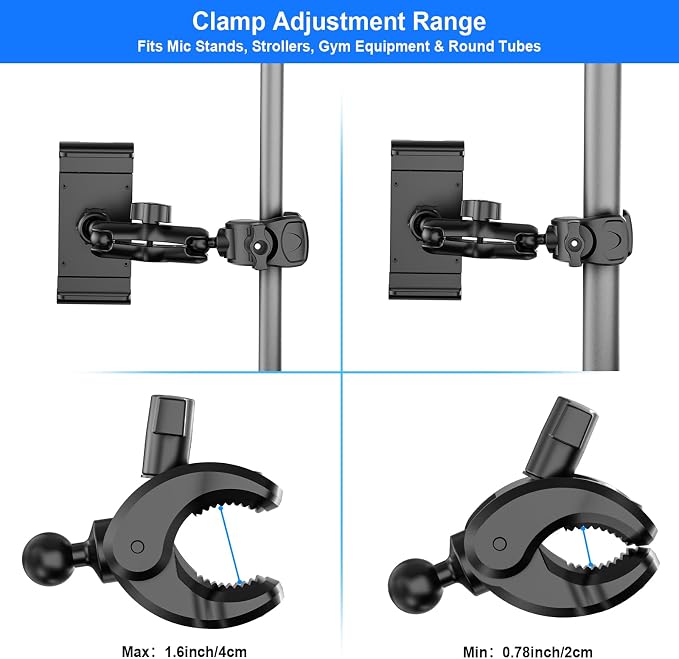PLDHPRO Tablet Holder for Mic Stand 360° Swivel iPad Music Stand Mount for Microphone with Clamp, Musicians Stage Portable Stands Guitar Tripod Accessories Compatible 5.5-14.6'' Devices - Image 6