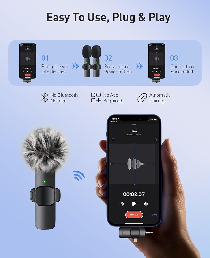 MENERESAS 3-in-1 Mini Microphone for iPhone: Wireless Lavalier Microphone with 80ft Range & 15H Battery - Noise Reduction Lapel Mic, Real-Time Monitoring for Video Recording Power Conditioners - Image 2