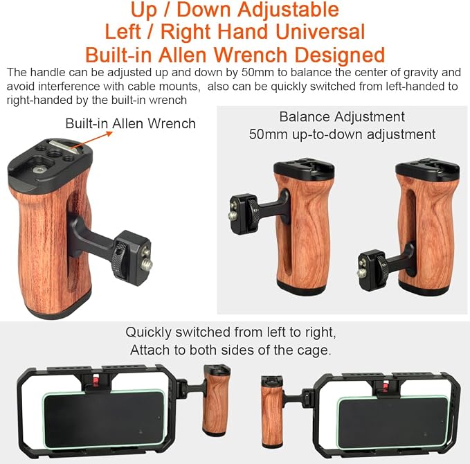 Wooden Camera Cage Side Handle Grip with 1/4" Screw Locating Mount for ARRI, Mini Side Handle for Smartphone Cage Video Rig and Action Camera Cage Compatible with Gopro/Insta360/DJI Osmo - Image 4
