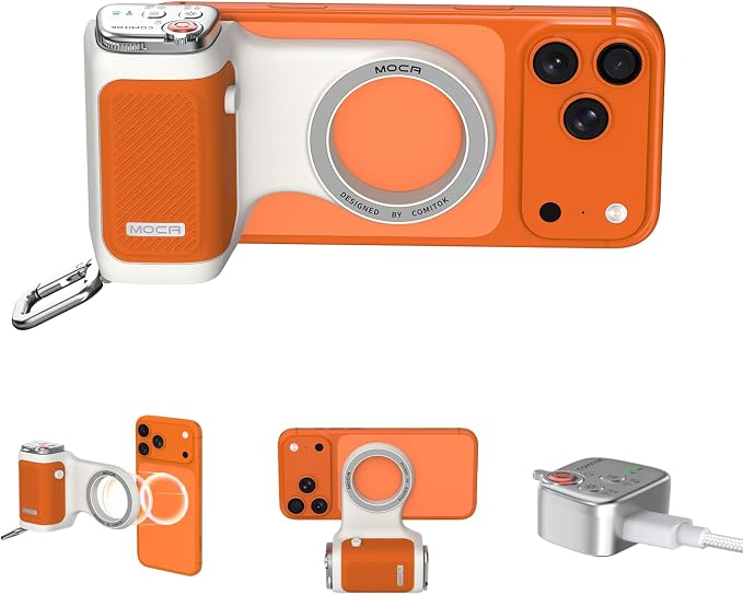 COMITOK MOCA iPhone 17 Pro Camera Grip No Need App for iOS26, Compatible iOS17 and iOS18, Fun Shot Magnetic Grip for Phone Native Camera with Anti-Drop Detachable Remote and Convenient Keychain Hook by COMITOK