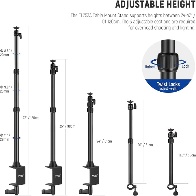 NEEWER TL253A+DS001 Table Camera Tripod with 2 Section Arm | Phone Holder, Ball Heads, Screw Adapter, Table Light Stand for Camera, Mobile Phone, Webcam, Ring Light - Image 2