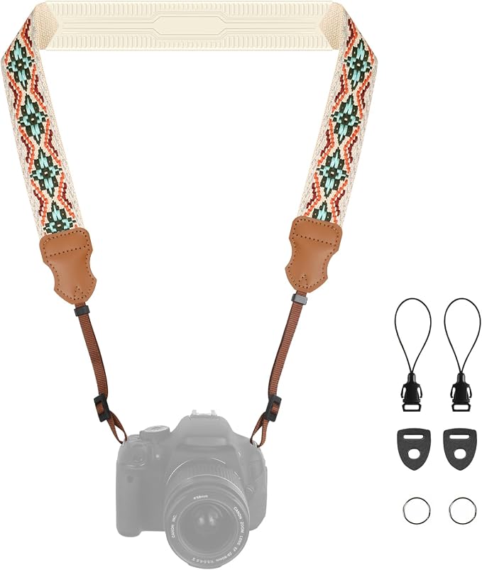 FIEIL Neck Strap Silicone Camera Straps - Padded Camera Strap, 1.5" Wide Adjustable Neck Strap - Compatible with Canon, Nikon, Sony, and More DSLR and Mirrorless Cameras (Blue and Orange Geo) by FIEIL