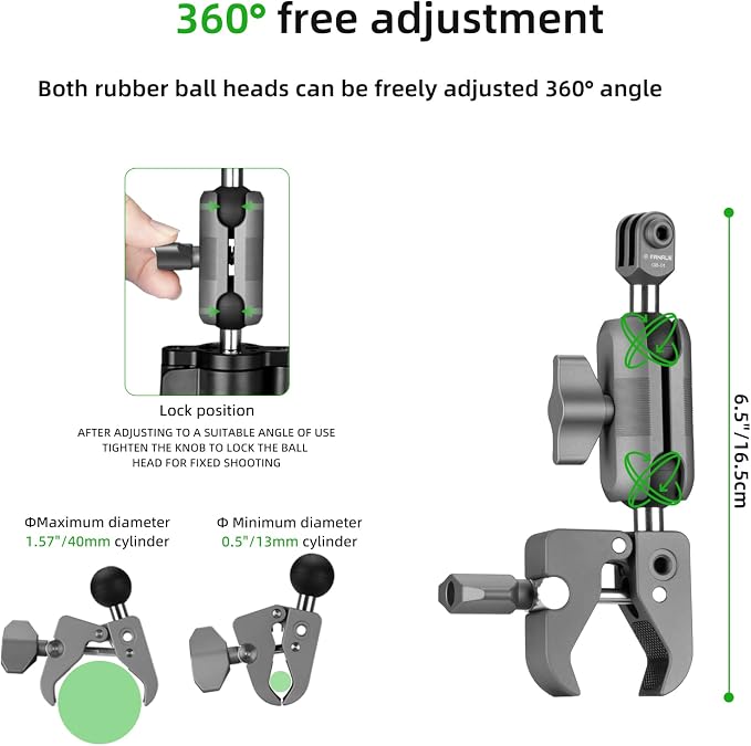 FANAUE Super Clamp Camera Mount,Action Camera Mount,Monitor 360° Ballhead Magic Arm Double Ball Head Adapter (GB-01T) - Image 2