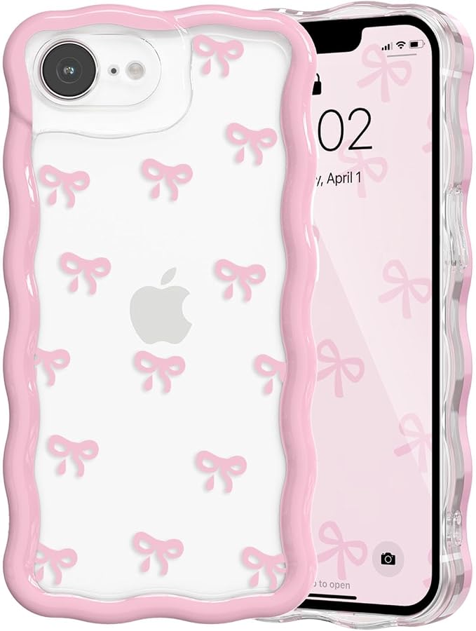 QLTYPRI for iPhone 17e/16e Pink Bow Case, Clear Cute Pink Ribbon Bow Phone Case Curly Wavy Aesthetic Phone Cover, Soft Slim Transparent TPU Shockproof Protective Cover for Women Girls - Tiny Bow by QLTYPRI