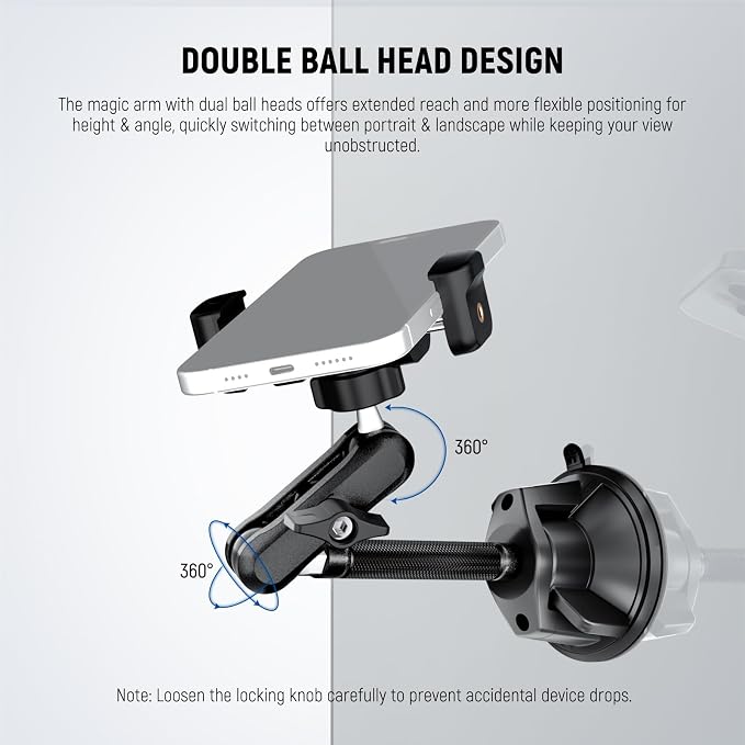 NEEWER Phone Holder for Your Car, 360° Rotating Vacuum Suction Cup Metal Cell Phone Mount Extended Magic Arm Compatible with iPhone Samsung for Windshield Skylight Navigation Video Recording, PA137 - Image 3
