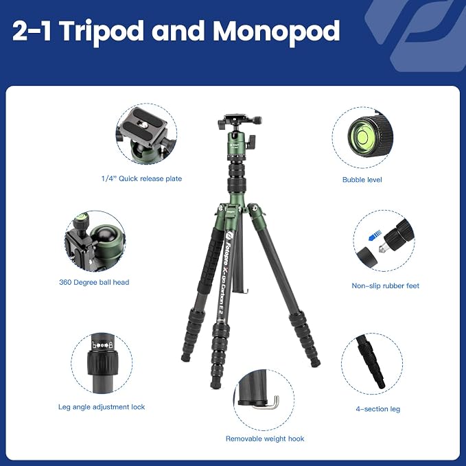Fotopro 60" Carbon Fiber Camera Travel Tripod, 2lbs Super Lightweight Compact Tripod with 360° Metal Ball Head, Detachable Monopod, with Arca QR Plate & Bag, Load up to 8KG/17.63lbs, for SLR DSLR - Image 6