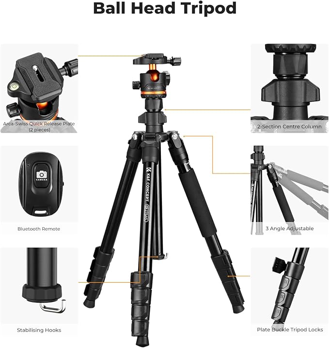 K&F CONCEPT 76" Travel Tripod for Camera | 360° Ball Head w/ Phone Holder, 17.6lbs Max Load, Detachable Monopod, Compact Tripod for DSLR/Phone, O275A5+BH-36 - Image 2