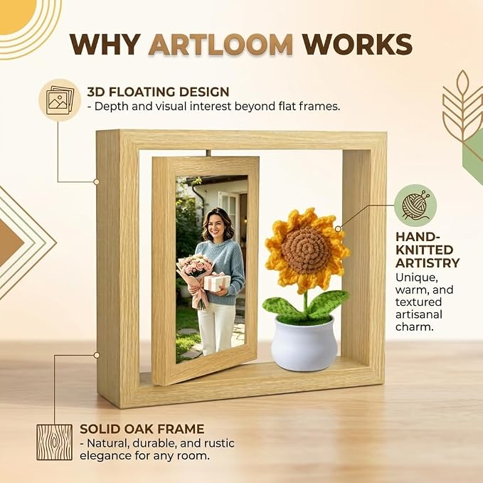 4x6 Rotating Floating Picture Frame Desktop with Crochet Sunflower, Double-Sided Display 4x6 Photos- 2026 Graduation Gift for Girls Her Teacher Sunflower Gifts for Mom Women Cute Office Desk Decor - Image 6