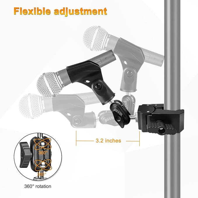 Mic Crab Clamp Microphone Mount, Desk Pipe Pole Clamp Mic Mount with Dual Ball Head Adjustment 1/4" to 5/8" Thread, Fits Mic Stand, Drum Stand, Desktop Shelf - Image 2