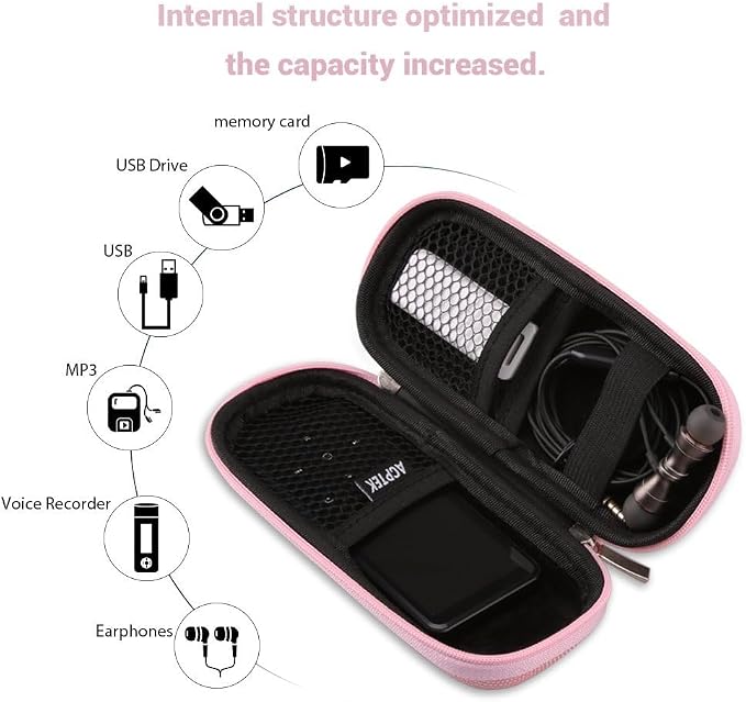 AGPTEK Carrying Case, EVA Zipper Carrying Hard Case Cover for MP3 Players | Storage Holder for Digital Voice Recorders, 3D Printing Pen, USB Cable, Earphones, Memory Cards, U Disk (Pink) - Image 2