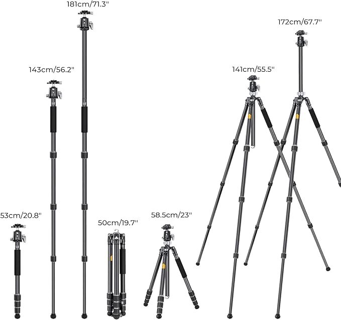 K&F Concept X-Series 68" Carbon Fiber Camera Tripod | Professional Photography Tripod, 1.42" Metal Ball Head, Load Capacity 35.2lbs, Indoor Outdoor Use,X284C4+BH-36 - Image 6