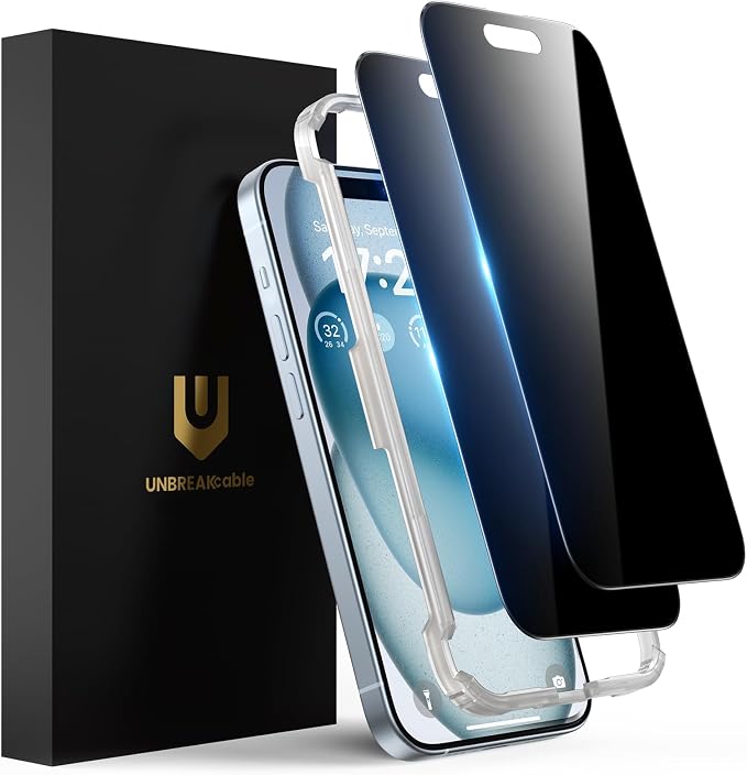 UNBREAKcable Privacy Screen Protector for iPhone 15, 2-Pack | True 28° Anti-Spy, Shatterproof Tempered Glass, 9H Hardness, Easy Install, Bubble-Free, Anti-Scratch, Case Friendly by UNBREAKcable