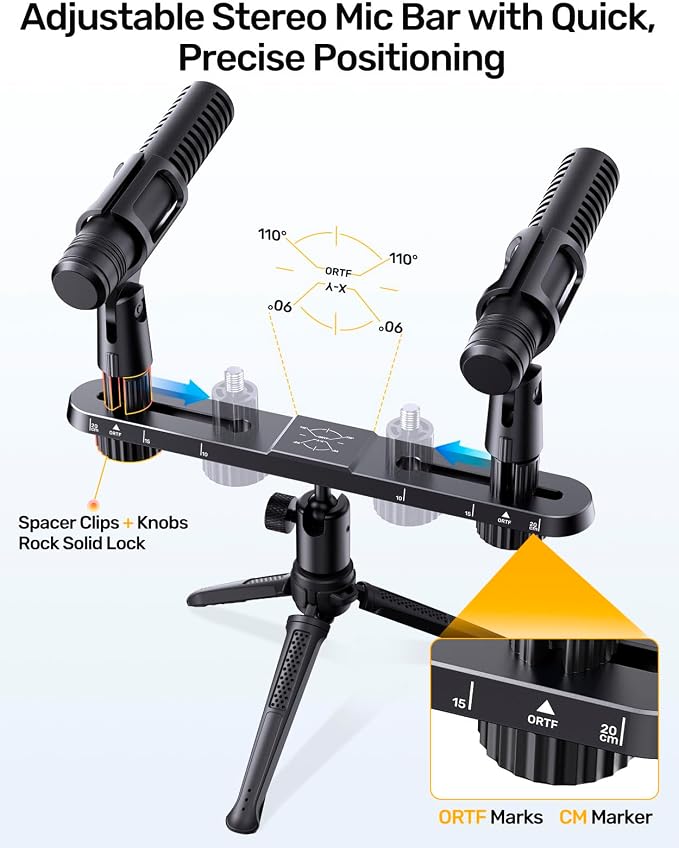 Stereo Array Spacing Microphone Holder with All-Metal Mic Ball Head Adapter, Adjustable Mic Mount Bar for Two Mics/Booms with 3/8" - 5/8" Screw Adapters, Fits Mic Stands for Recording, Live Streaming﻿ - Image 2