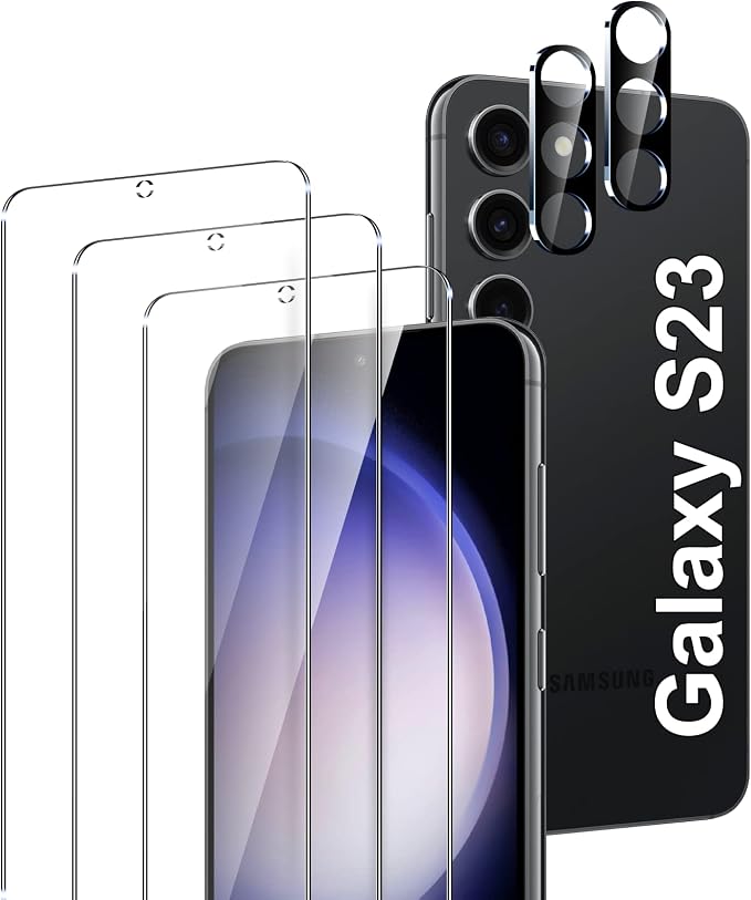 LYWHL for 3 Pack Samsung Galaxy S23 Tempered Glass Screen Protector with 2 Pack Camera Lens Protector, Support Fingerprint Unlock, Sensitive Touch 9H Shatterproof Bubble Free Case Friendly by LYWHL