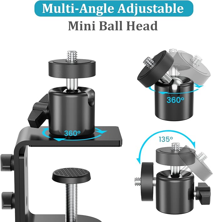 C-Clamp Mount with 360 Degree Ball Head & 1/4 Screw Adapter for Camera | Compatible with Go Pro, Ring, Google Nest, Wyze, and Arlo, Fits Desk/Railing/Branch/Handlebar, Metal, Black (60mm) - Image 2