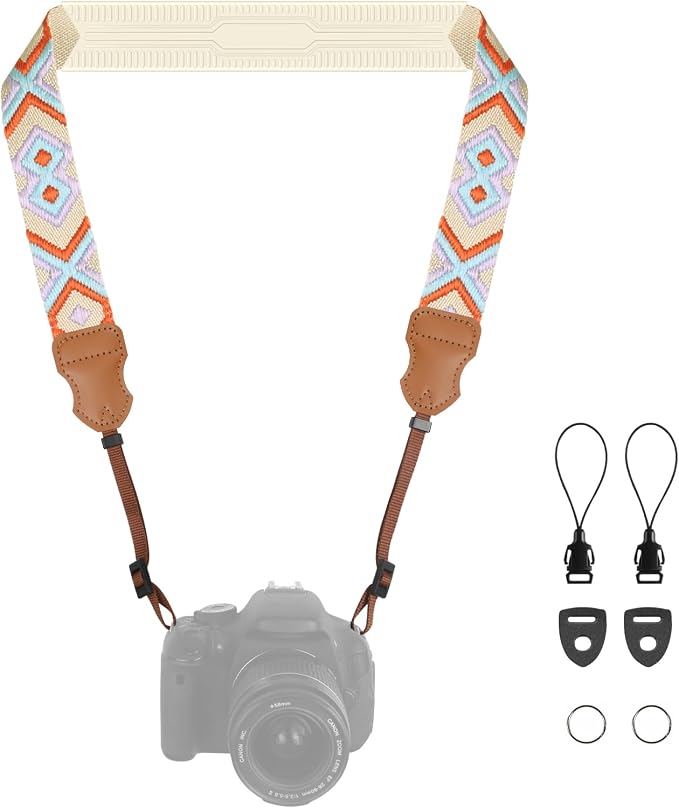 FIEIL Neck Strap Silicone Camera Straps - Padded Camera Strap, 1.5" Wide Adjustable Neck Strap - Compatible with Canon, Nikon, Sony, and More DSLR and Mirrorless Cameras (Orange purple khaki weave) by FIEIL