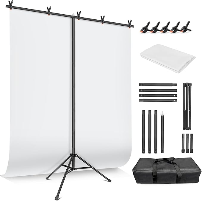 White Backdrop with Stand for Photoshoot, 5X6.5ft White Photo Backdrop with T Shape Background Backdrop Stand for Photography, Portable Photo Backdrop Curtain Stand Kit w Carrying Bag 5 Spring Clamps by JEBUTU